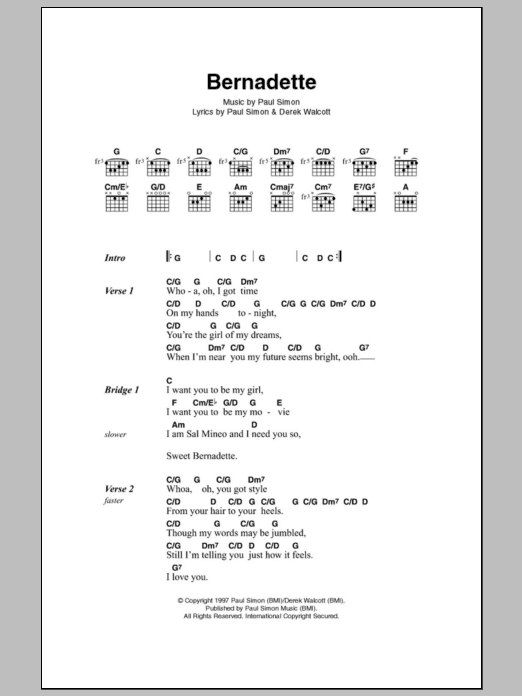 Paul Simon Bernadette sheet music notes and chords arranged for Guitar Chords/Lyrics