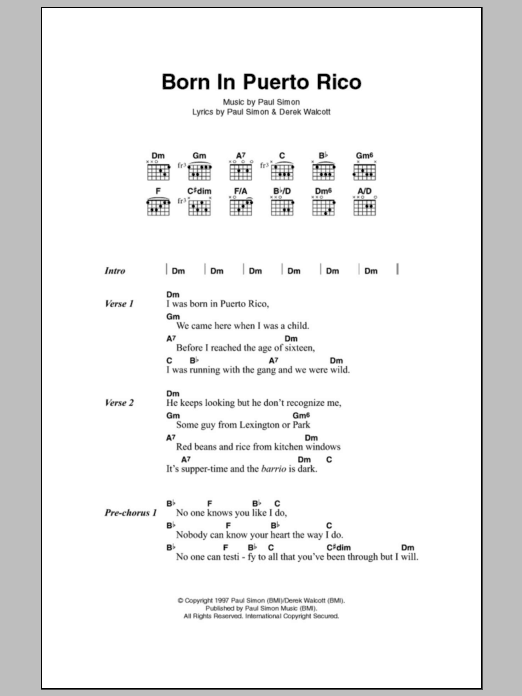 Paul Simon Born In Puerto Rico sheet music notes and chords. Download Printable PDF.