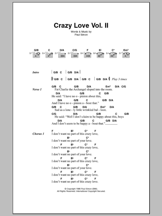 Paul Simon Crazy Love Vol. II sheet music notes and chords arranged for Guitar Chords/Lyrics