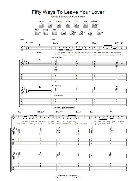 Paul Simon Fifty Ways To Leave Your Lover sheet music notes and chords. Download Printable PDF.