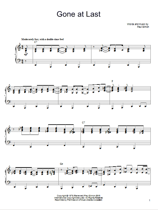 Learn to play Paul Simon Gone At Last sheet music for Piano, Vocal & Guitar Chords in minutes. Price: 7.8900$ Paul Simon Gone At Last sheet music notes and chords arranged for Piano, Vocal & Guitar Chords