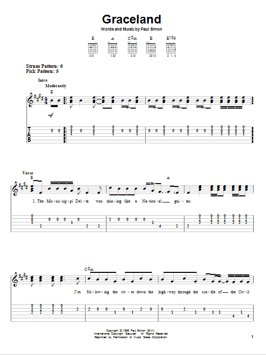 Paul Simon Graceland sheet music notes and chords. Download Printable PDF.