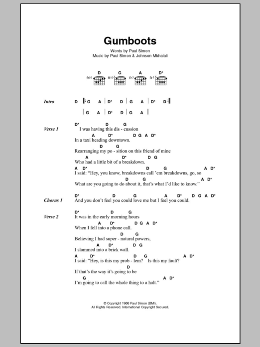 Paul Simon Gumboots sheet music notes and chords arranged for Guitar Chords/Lyrics