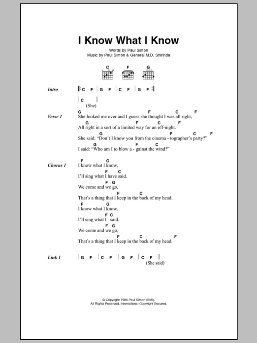 Paul Simon I Know What I Know sheet music notes and chords. Download Printable PDF.