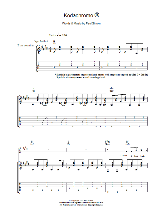 Paul Simon Kodachrome™ sheet music notes and chords. Download Printable PDF.