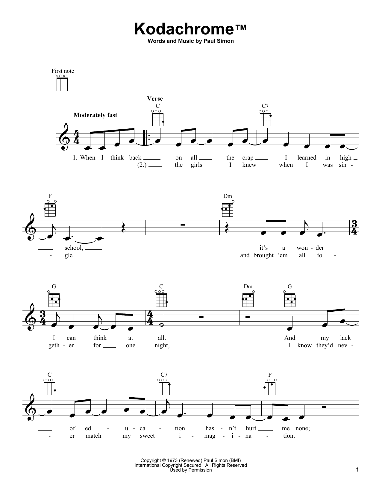 Paul Simon Kodachrome TM sheet music notes and chords. Download Printable PDF.