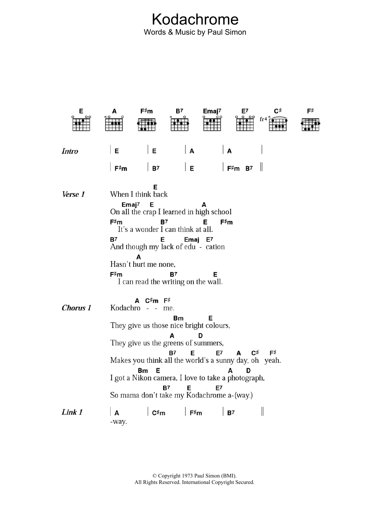 Paul Simon KodachromeTM sheet music notes and chords arranged for Guitar Chords/Lyrics