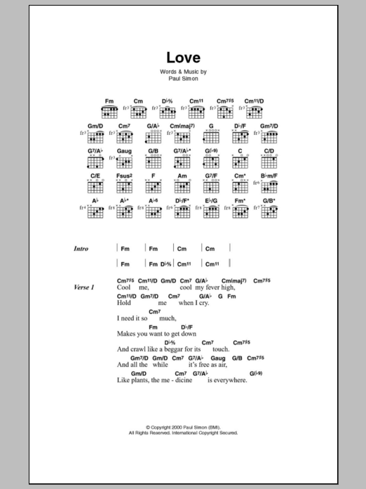 Paul Simon Love sheet music notes and chords. Download Printable PDF.