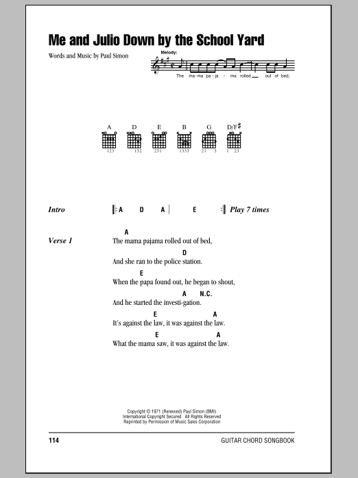 Paul Simon Me And Julio Down By The Schoolyard sheet music notes and chords. Download Printable PDF.