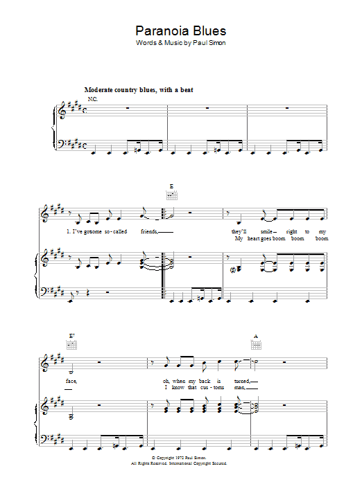 Learn to play Paul Simon Paranoia Blues sheet music for Piano, Vocal & Guitar Chords in minutes. Price: 7.8900$ Paul Simon Paranoia Blues sheet music notes and chords arranged for Piano, Vocal & Guitar Chords