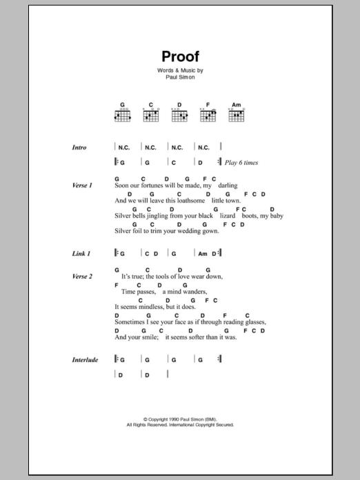 Paul Simon Proof sheet music notes and chords. Download Printable PDF.