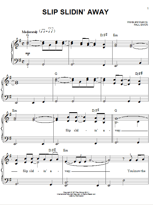 Paul Simon Slip Slidin' Away sheet music notes and chords. Download Printable PDF.