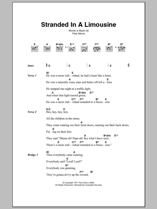 Paul Simon Stranded In A Limousine sheet music notes and chords. Download Printable PDF.