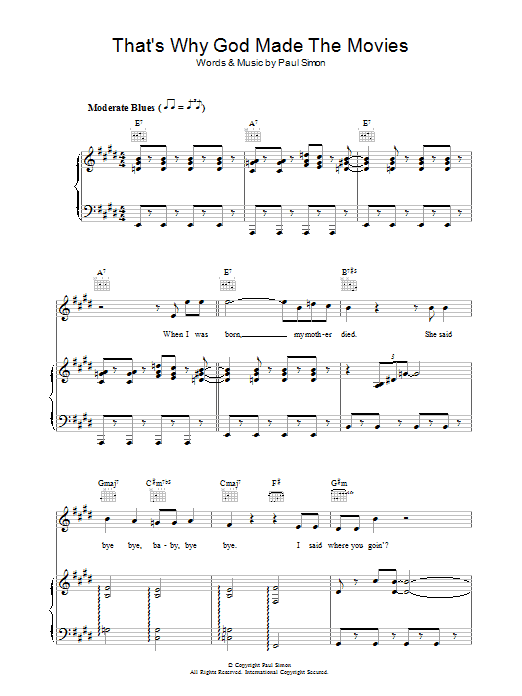Learn to play Paul Simon That's Why God Made The Movies sheet music for Piano, Vocal & Guitar Chords in minutes. Price: 7.8900$ Paul Simon That's Why God Made The Movies sheet music notes and chords arranged for Piano, Vocal & Guitar Chords