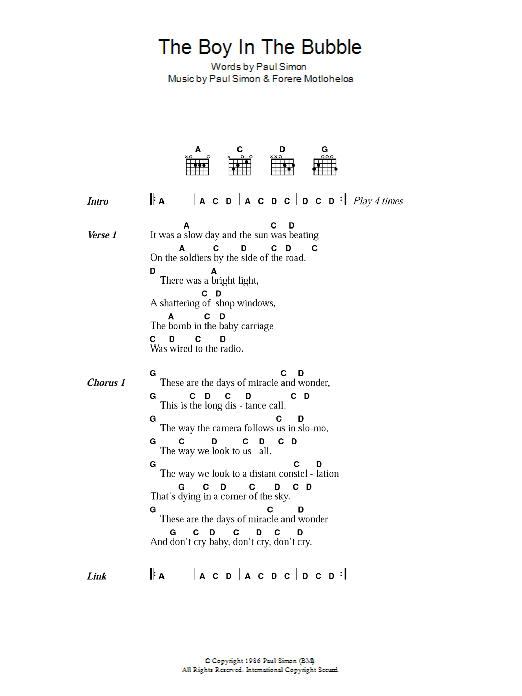 Paul Simon The Boy In The Bubble sheet music notes and chords. Download Printable PDF.