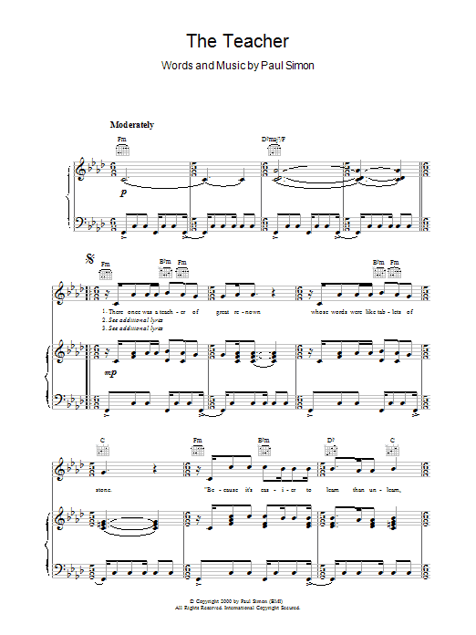 Paul Simon The Teacher sheet music notes and chords. Download Printable PDF.