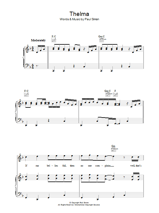 Learn to play Paul Simon Thelma sheet music for Piano, Vocal & Guitar Chords in minutes. Price: 7.8900$ Paul Simon Thelma sheet music notes and chords arranged for Piano, Vocal & Guitar Chords