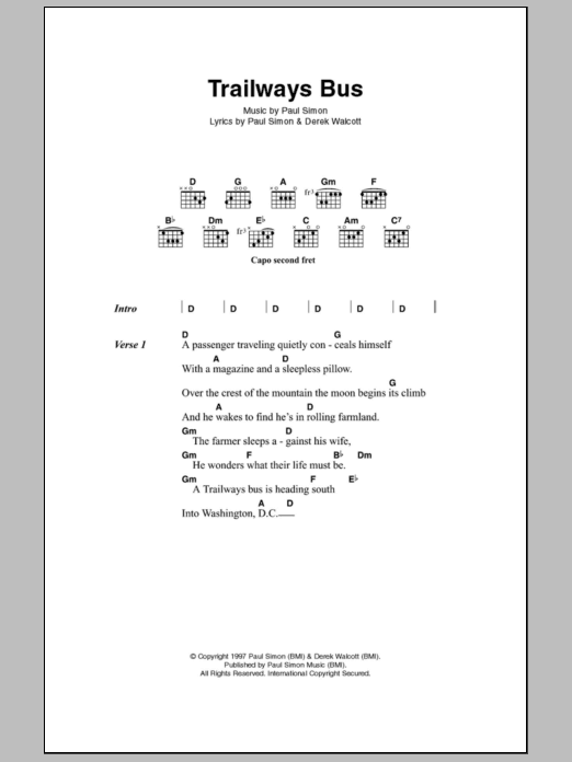 Paul Simon Trailways Bus sheet music notes and chords. Download Printable PDF.