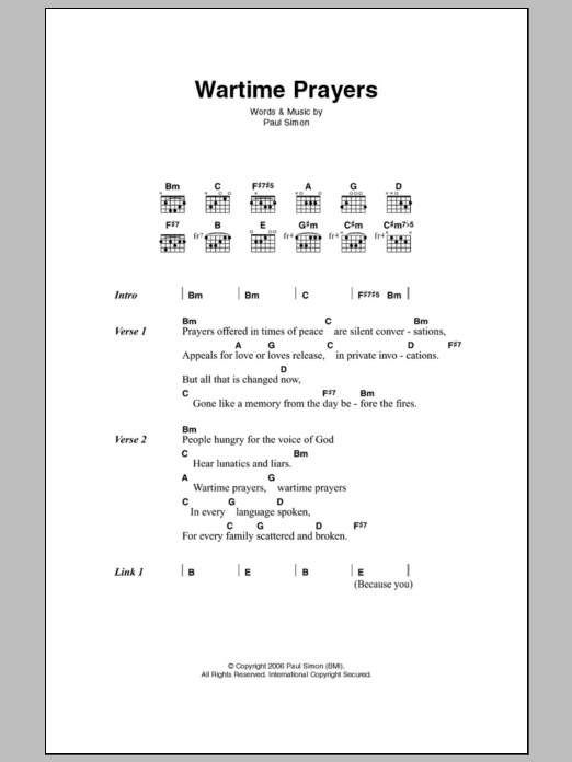 Paul Simon Wartime Prayers sheet music notes and chords. Download Printable PDF.