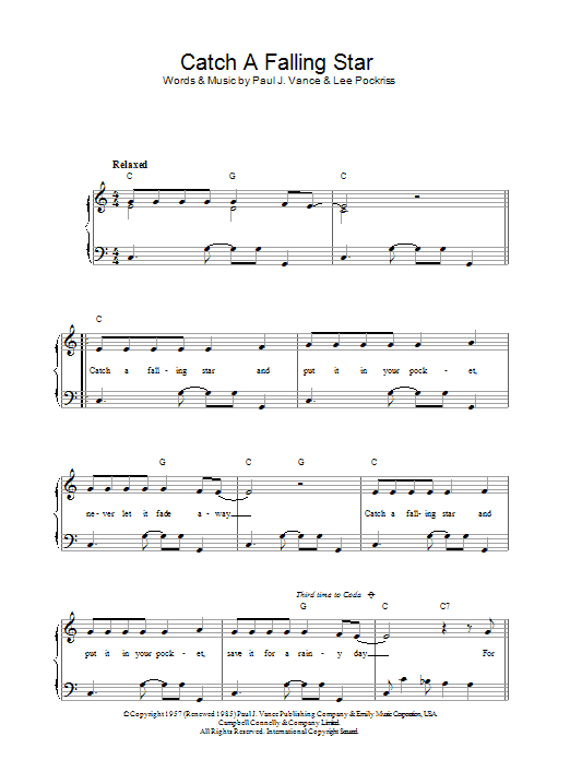 Paul Vance Catch A Falling Star sheet music notes and chords. Download Printable PDF.