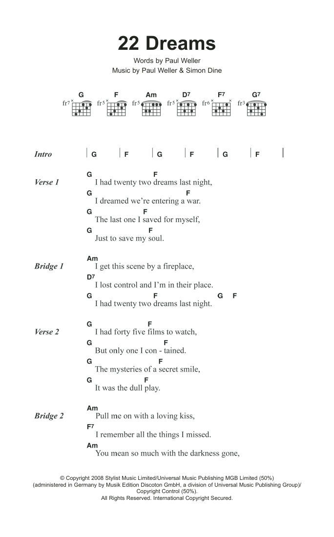 Paul Weller 22 Dreams sheet music notes and chords. Download Printable PDF.