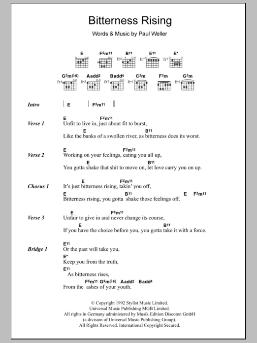 Paul Weller Bitterness Rising sheet music notes and chords. Download Printable PDF.