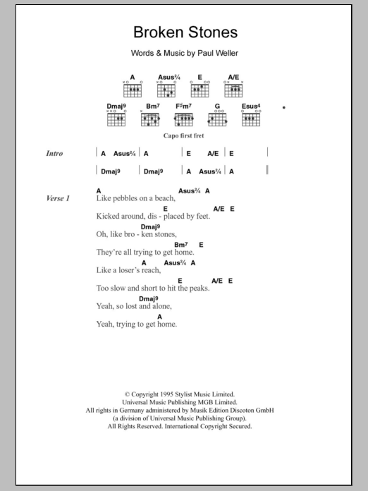 Paul Weller Broken Stones sheet music notes and chords. Download Printable PDF.