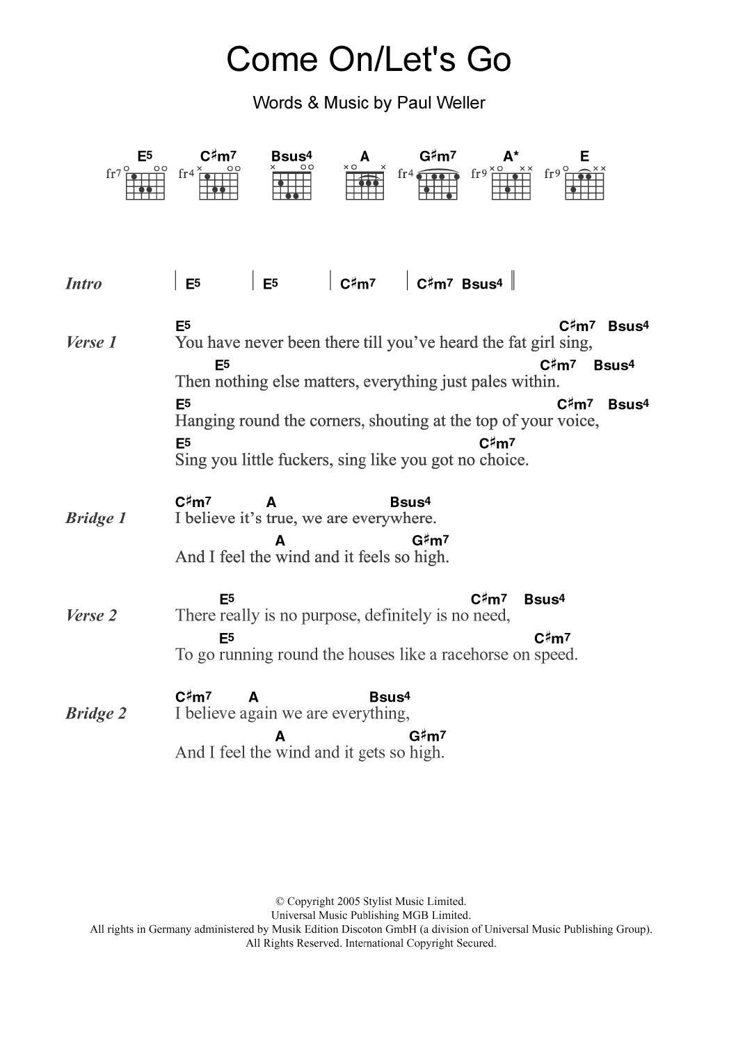 Paul Weller Come On/Let's Go sheet music notes and chords. Download Printable PDF.