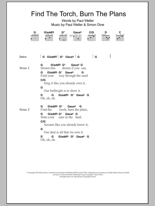 Paul Weller Find The Torch, Burn The Plans sheet music notes and chords. Download Printable PDF.