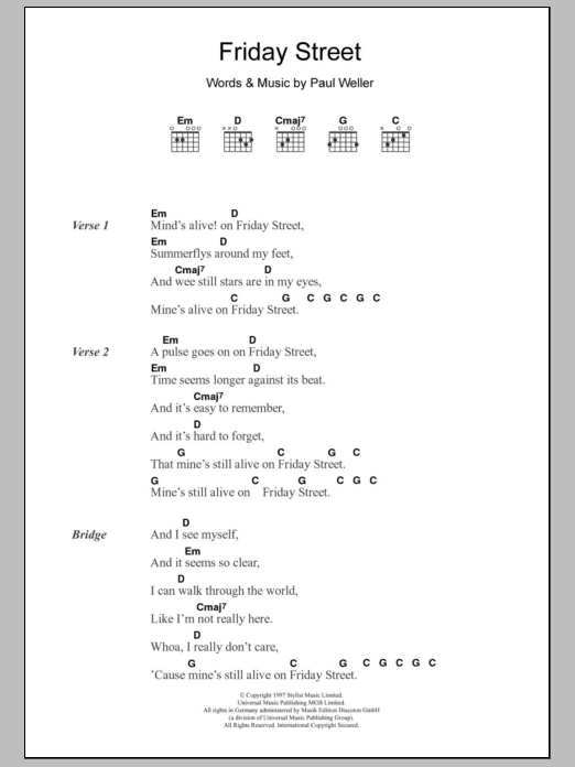 Paul Weller Friday Street sheet music notes and chords. Download Printable PDF.