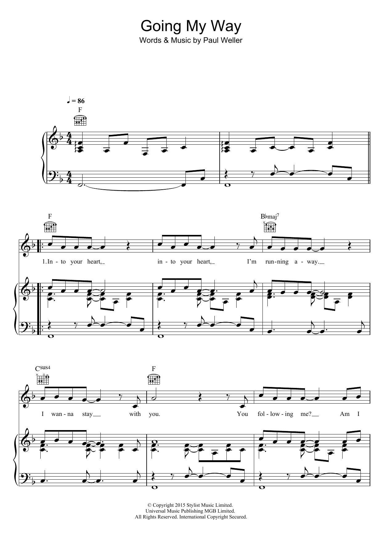 Learn to play Paul Weller Going My Way sheet music for Piano, Vocal & Guitar Chords in minutes. Price: 7.8900$ Paul Weller Going My Way sheet music notes and chords arranged for Piano, Vocal & Guitar Chords