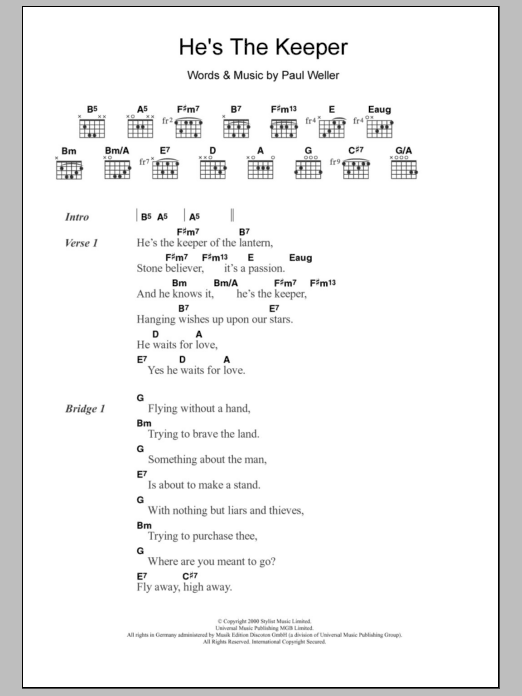 Learn to play Paul Weller He's The Keeper sheet music for Guitar Chords/Lyrics in minutes. Price: 4.4900$ Paul Weller He's The Keeper sheet music notes and chords arranged for Guitar Chords/Lyrics