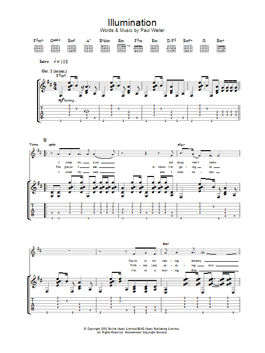 Learn to play Paul Weller Illumination sheet music for Guitar Tab in minutes. Price: 7.8900$ Paul Weller Illumination sheet music notes and chords arranged for Guitar Tab