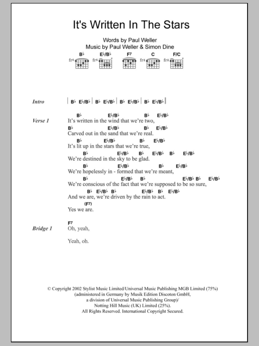Learn to play Paul Weller It's Written In The Stars sheet music for Guitar Tab in minutes. Price: 7.8900$ Paul Weller It's Written In The Stars sheet music notes and chords arranged for Guitar Tab