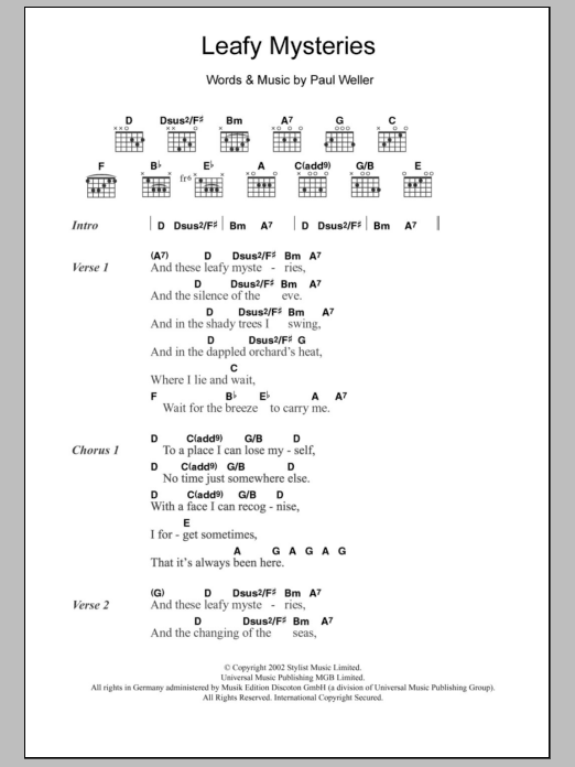 Learn to play Paul Weller Leafy Mysteries sheet music for Guitar Tab in minutes. Price: 7.8900$ Paul Weller Leafy Mysteries sheet music notes and chords arranged for Guitar Tab