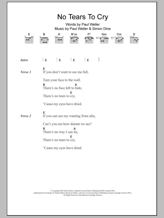 Paul Weller No Tears To Cry sheet music notes and chords. Download Printable PDF.