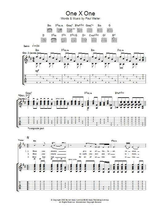 Learn to play Paul Weller One X One sheet music for Guitar Tab in minutes. Price: 7.8900$ Paul Weller One X One sheet music notes and chords arranged for Guitar Tab
