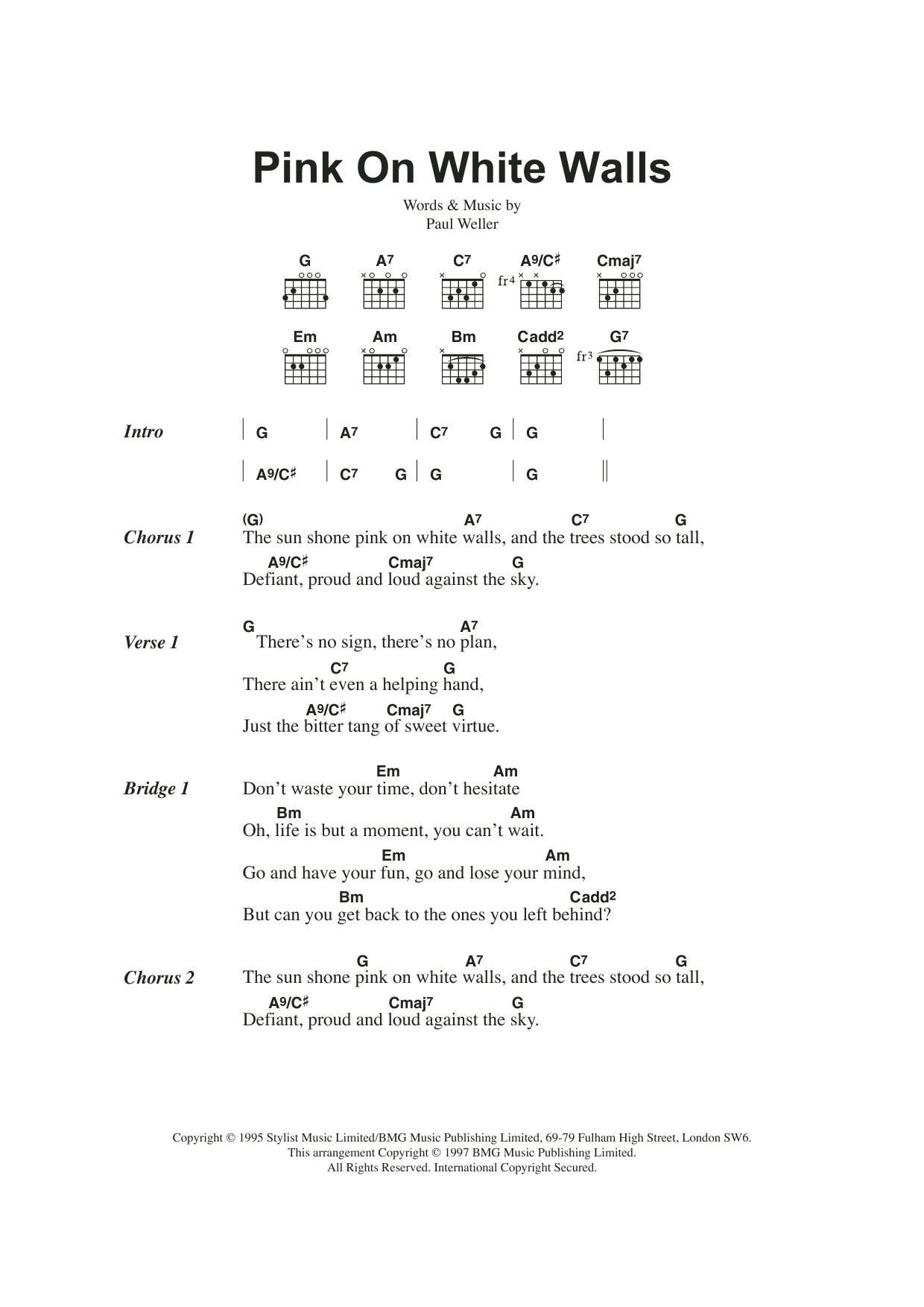 Paul Weller Pink On White Walls sheet music notes and chords. Download Printable PDF.