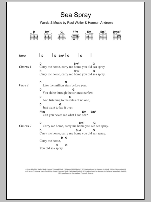 Paul Weller Sea Spray sheet music notes and chords. Download Printable PDF.