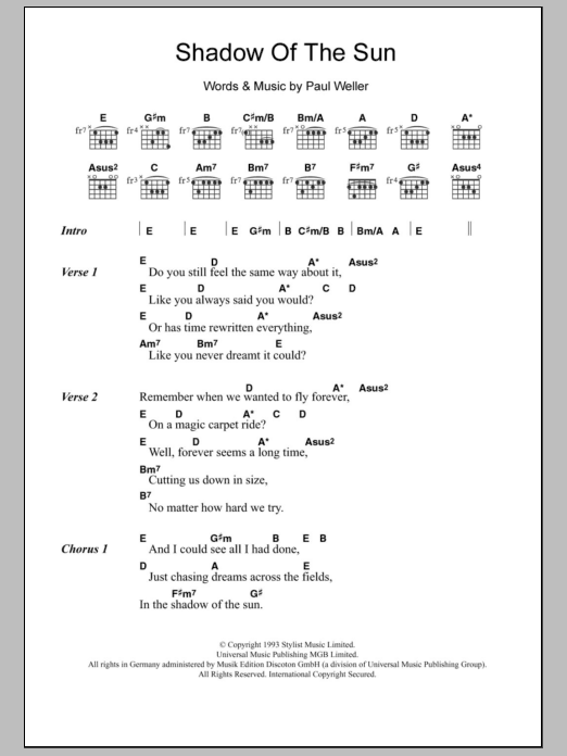 Paul Weller Shadow Of The Sun sheet music notes and chords. Download Printable PDF.