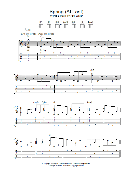 Learn to play Paul Weller Spring (At Last) sheet music for Guitar Tab in minutes. Price: 7.8900$ Paul Weller Spring (At Last) sheet music notes and chords arranged for Guitar Tab