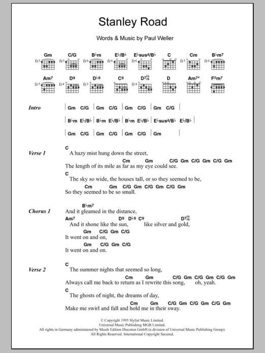 Paul Weller Stanley Road sheet music notes and chords. Download Printable PDF.