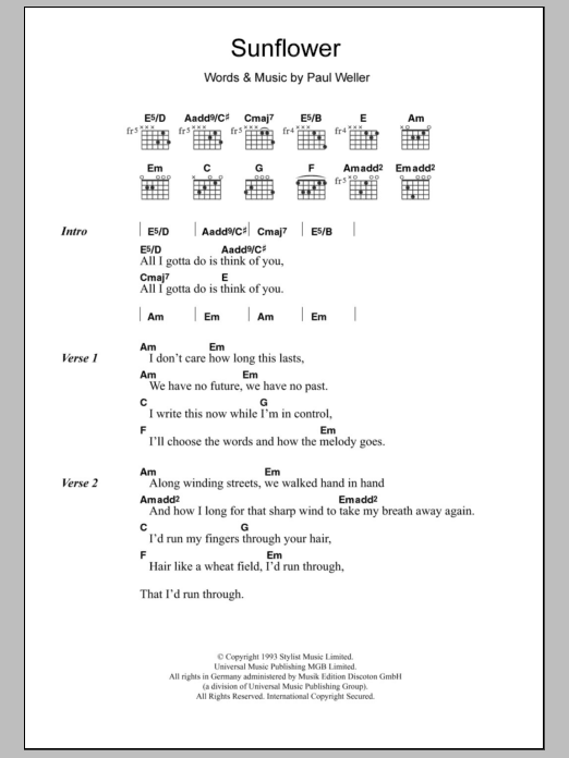 Paul Weller Sunflower sheet music notes and chords. Download Printable PDF.