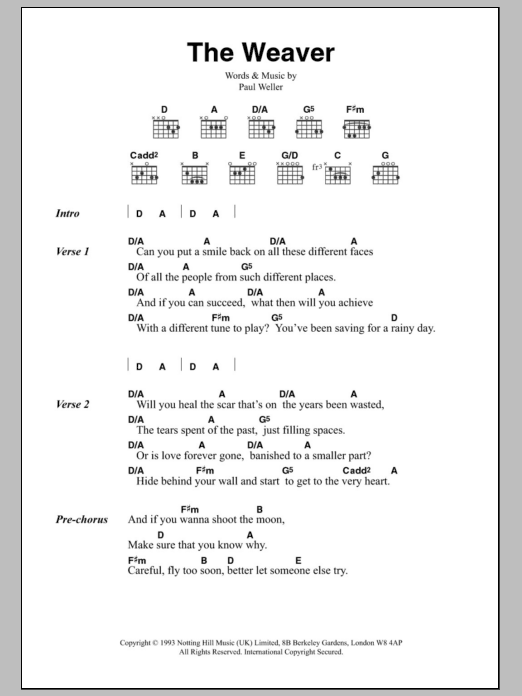 Paul Weller The Weaver sheet music notes and chords. Download Printable PDF.