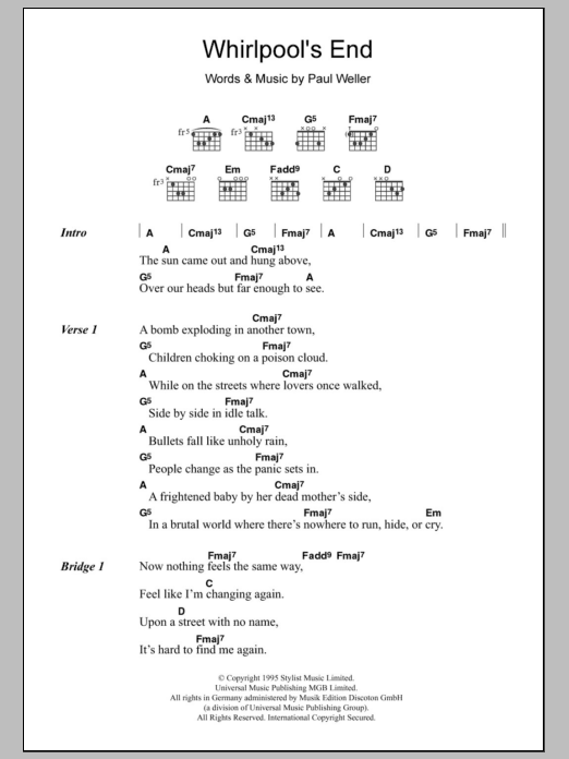 Paul Weller Whirlpool's End sheet music notes and chords. Download Printable PDF.