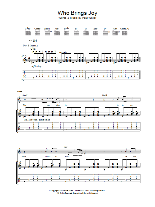 Learn to play Paul Weller Who Brings Joy sheet music for Guitar Tab in minutes. Price: 7.8900$ Paul Weller Who Brings Joy sheet music notes and chords arranged for Guitar Tab