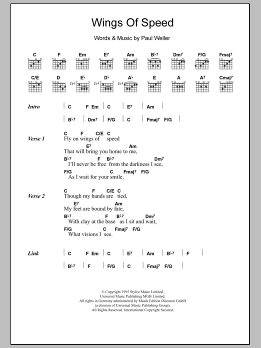 Learn to play Paul Weller Wings Of Speed sheet music for Piano, Vocal & Guitar Chords in minutes. Price: 7.8900$ Paul Weller Wings Of Speed sheet music notes and chords arranged for Piano, Vocal & Guitar Chords