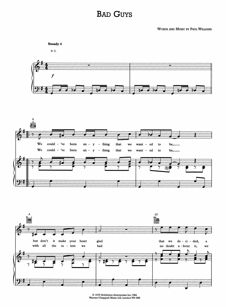 Learn to play Paul Williams Bad Guys (from Bugsy Malone) sheet music for Piano, Vocal & Guitar Chords (Right-Hand Melody) in minutes. Price: 6.9900$ Paul Williams Bad Guys (from Bugsy Malone) sheet music notes and chords arranged for Piano, Vocal & Guitar Chords (Right-Hand Melody)