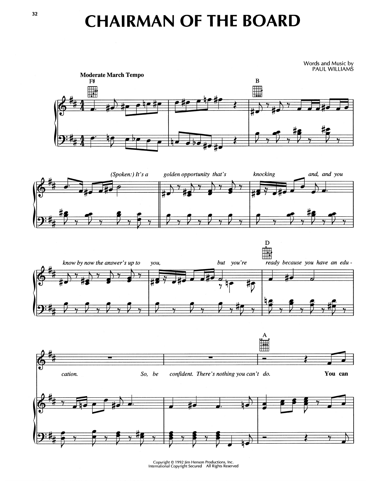 Learn to play Paul Williams Chairman Of The Board (from The Muppet Christmas Carol) sheet music for Piano, Vocal & Guitar Chords (Right-Hand Melody) in minutes. Price: 6.9900$ Paul Williams Chairman Of The Board (from The Muppet Christmas Carol) sheet music notes and chords arranged for Piano, Vocal & Guitar Chords (Right-Hand Melody)