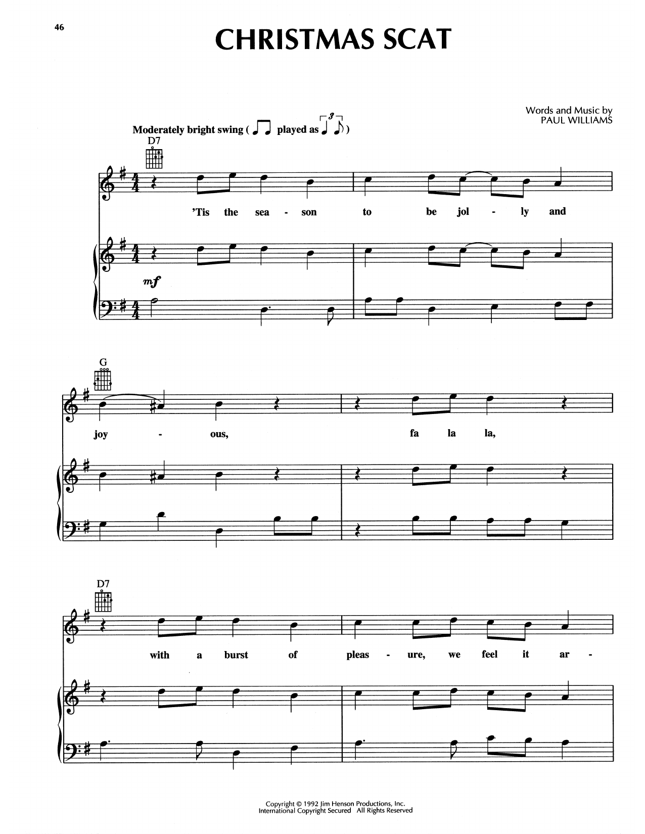 Paul Williams Christmas Scat (from The Muppet Christmas Carol) sheet music notes and chords. Download Printable PDF.